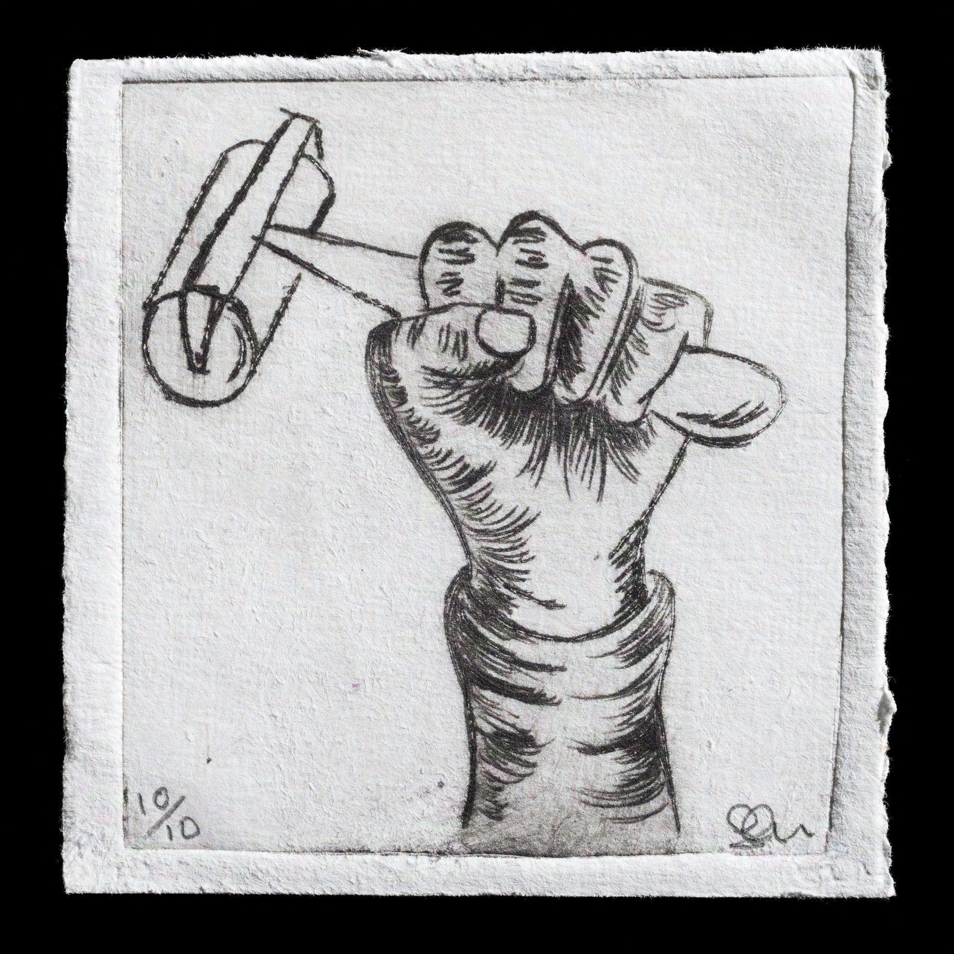 This untitled drypoint print by Freya Clarke features a clenched fist grasping an object resembling a hammer or chisel, rendered in bold black lines against a light grey background. The print's intricate details and textures are characteristic of the intaglio technique, showcasing Clarke's skillful use of drypoint to create a striking visual effect.