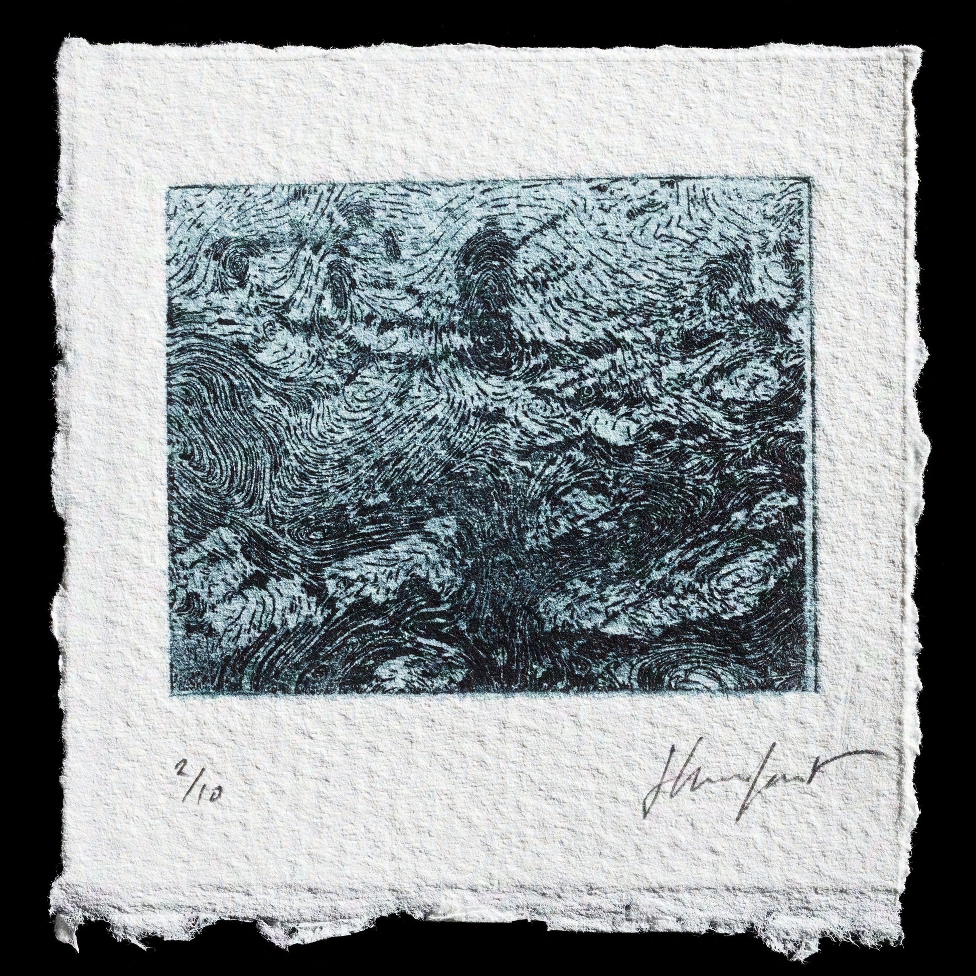 This etching by Jimmy Kirkus-Lamont presents a serene reflecting pool scene with dark blue water and a subtle light gray sky. The artist's use of intaglio techniques creates a detailed and textured representation of the natural environment, inviting contemplation on the beauty of nature.