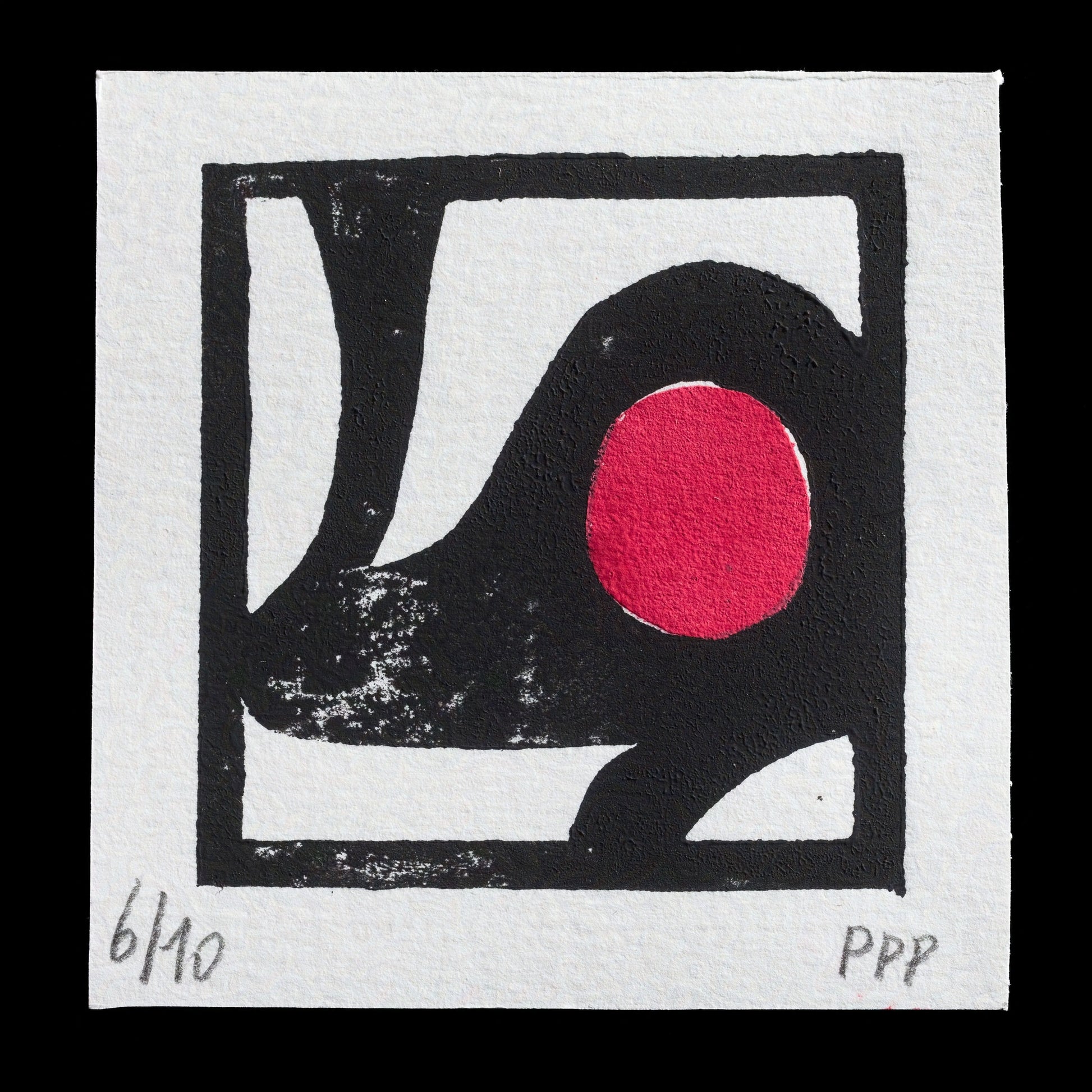 This abstract print "Red Dot" by Pat Press Print showcases a striking composition featuring a bold red circle set against a black square background with white accents, evoking a sense of minimalist elegance. The TetraPak technique adds texture to the design, inviting viewers to explore its intricate details.