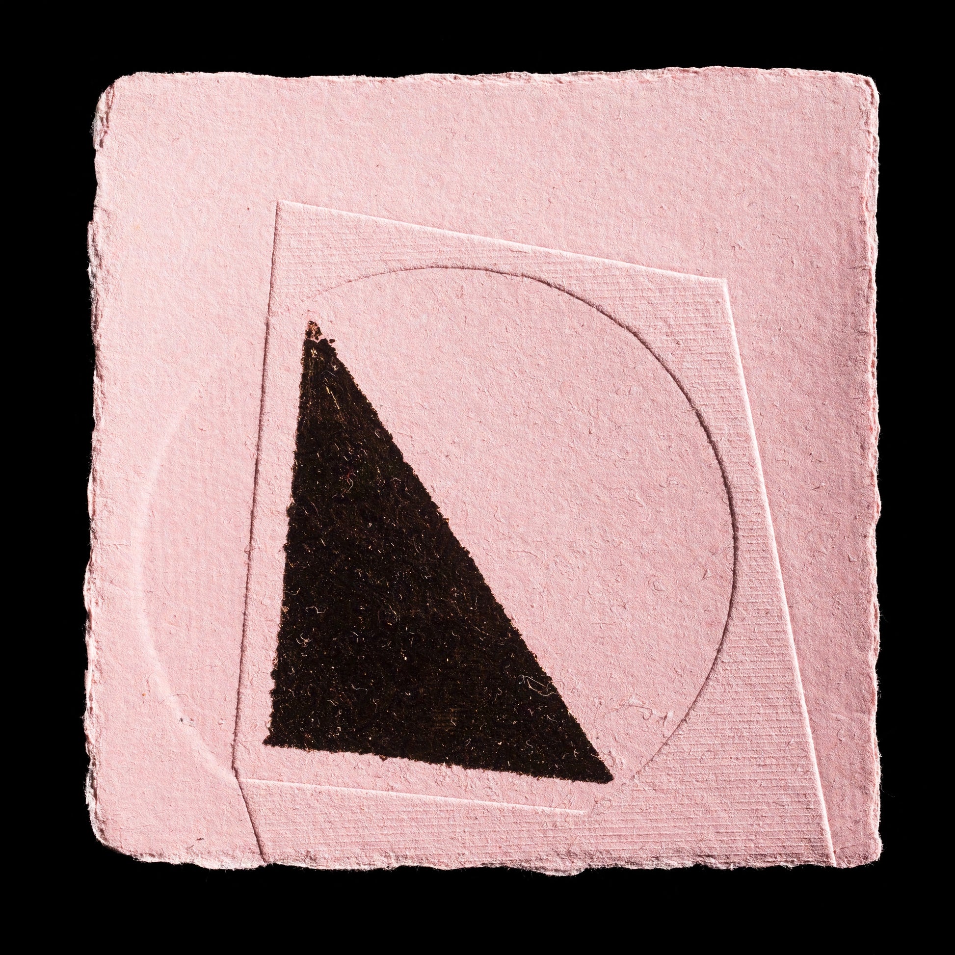 This artwork, titled "Piglet" by Gemma Geraghty, is a captivating mixed-media piece that showcases intricate handmade paper techniques and blind embossing. The dominant light pink hue serves as a subtle backdrop for a striking black triangle at its center, set against a square shape with rounded edges.