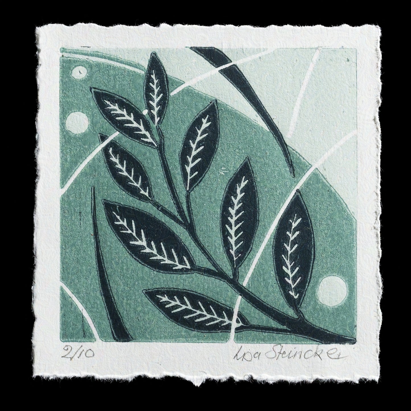 This artwork, an untitled linocut print by Lisa Steincke, features a stylized arrangement of leaves in various shades of green on a light background. The design is set against a white border, showcasing the artist's skillful use of color and composition.