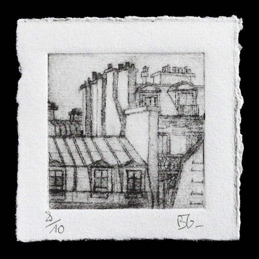 This print, "Paris" by Bertrand Guittard, showcases a captivating cityscape through the technique of drypoint. The black ink and white paper create a striking contrast, highlighting the intricate details of the urban landscape.