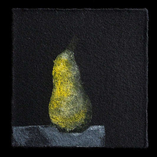 This print, titled "Dark Lemon" by Conny Stempel, showcases a striking still life composition. A single lemon takes center stage against a stark black background, rendered in muted tones of yellow and gray. The TetraPak technique lends an ethereal quality to the artwork, while the overall effect is one of subtle contrast and contemplation.