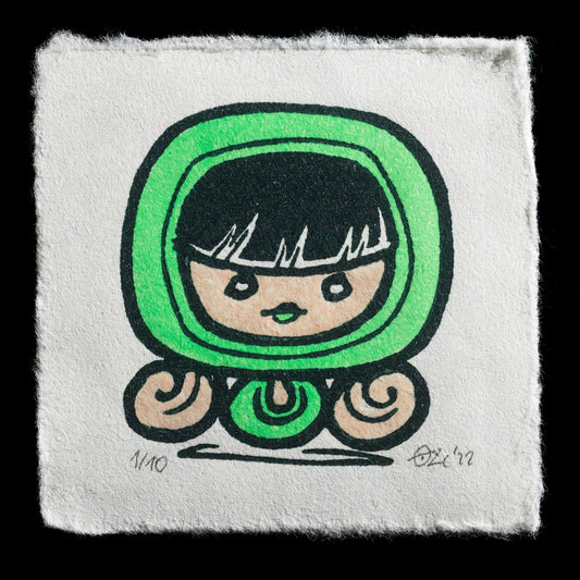 This captivating print, "Runehilde" by OrcOYoyo, showcases a woman adorned in a green hooded cloak with intricate black swirl patterns. The artist's use of linocut techniques brings forth a richly textured composition, blending earthy tones with bold accents to create a visually striking piece.