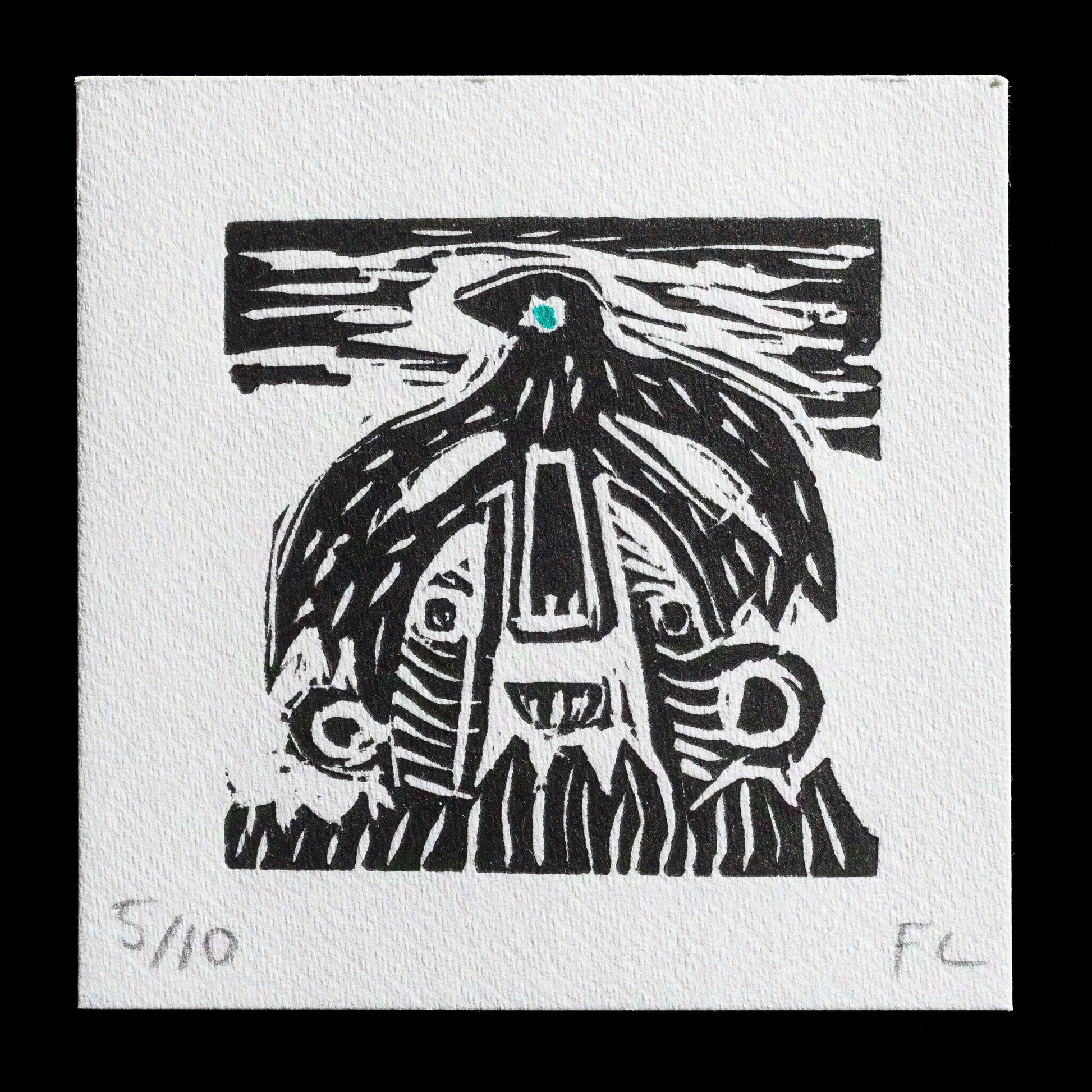 This captivating print, 'Activated Crow Helmet,' is a linocut masterpiece by Fabric Lenny, showcasing a striking combination of bold black lines and vibrant turquoise accents against a crisp white background. The artist's use of contrasting textures and colors brings depth and visual interest to this unique piece.