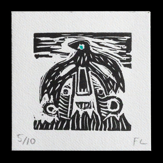 This captivating print, 'Activated Crow Helmet,' is a linocut masterpiece by Fabric Lenny, showcasing a striking combination of bold black lines and vibrant turquoise accents against a crisp white background. The artist's use of contrasting textures and colors brings depth and visual interest to this unique piece.