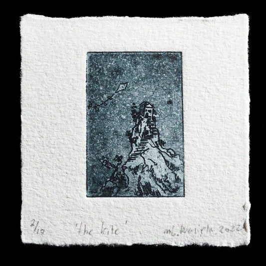 This etching print features a figure standing atop a rocky outcropping, gazing upwards at an ascending kite.

**Color Palette:**

* Black
* White

**Composition:**
The background is comprised of white speckles scattered across black ink.

**Artist's Signature:**
The artist's name, "ML. Wasiela", is discreetly inscribed in the bottom right corner of the print.
