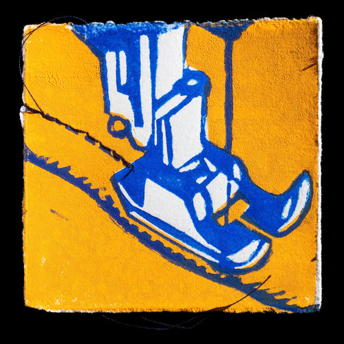 This linocut print, titled 'Make do & mend' by Tanya Snook, features a striking design with bold lines and vibrant colors.

**Key Features:**

* A prominent blue boot takes center stage against a bright yellow background
* The overall effect is one of playfulness and energy, drawing the viewer's eye to the central image