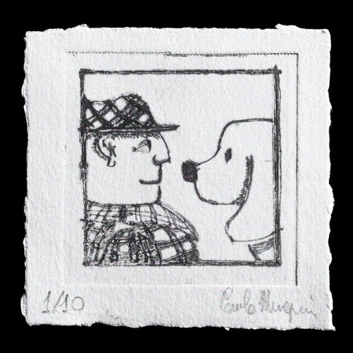 This captivating etching by Carlo Mugnai depicts a tender moment between a man and his dog, as they share a heartwarming glance. With delicate lines and subtle shading, the artist masterfully conveys the depth of their connection, creating an intimate portrait that celebrates the beauty of interspecies friendship.