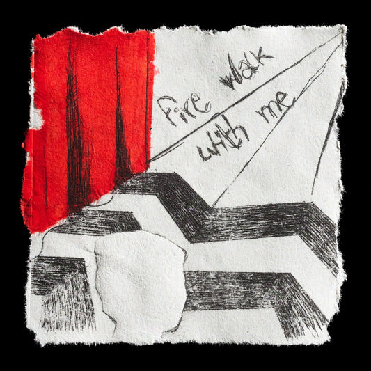 The image depicts a print titled "Twin Realities" by Elise Leger, showcasing a unique blend of artistic techniques. Created using both drypoint and chine-colle methods, this piece features black lines on white paper, with a striking red curtain in the background. The composition is further enhanced by handwritten text that reads "Fire walk with me," adding an air of mystery to the overall design.