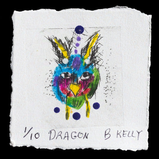 This print, "Dragon" by Bill Kelly, showcases an abstract dragon design through intaglio printing techniques. The vibrant color palette features a mix of blues, greens, reds, yellows, purples, and blacks, creating a dynamic composition. The artwork is presented on white paper with torn edges, giving it a unique and artistic quality.