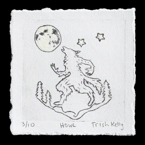 The image depicts an intaglio print titled 'Howl' by Trish Kelly, featuring a wolf howling at the moon in front of trees and stars. The print showcases the artist's skillful use of intaglio techniques to create a detailed and textured representation of the scene.