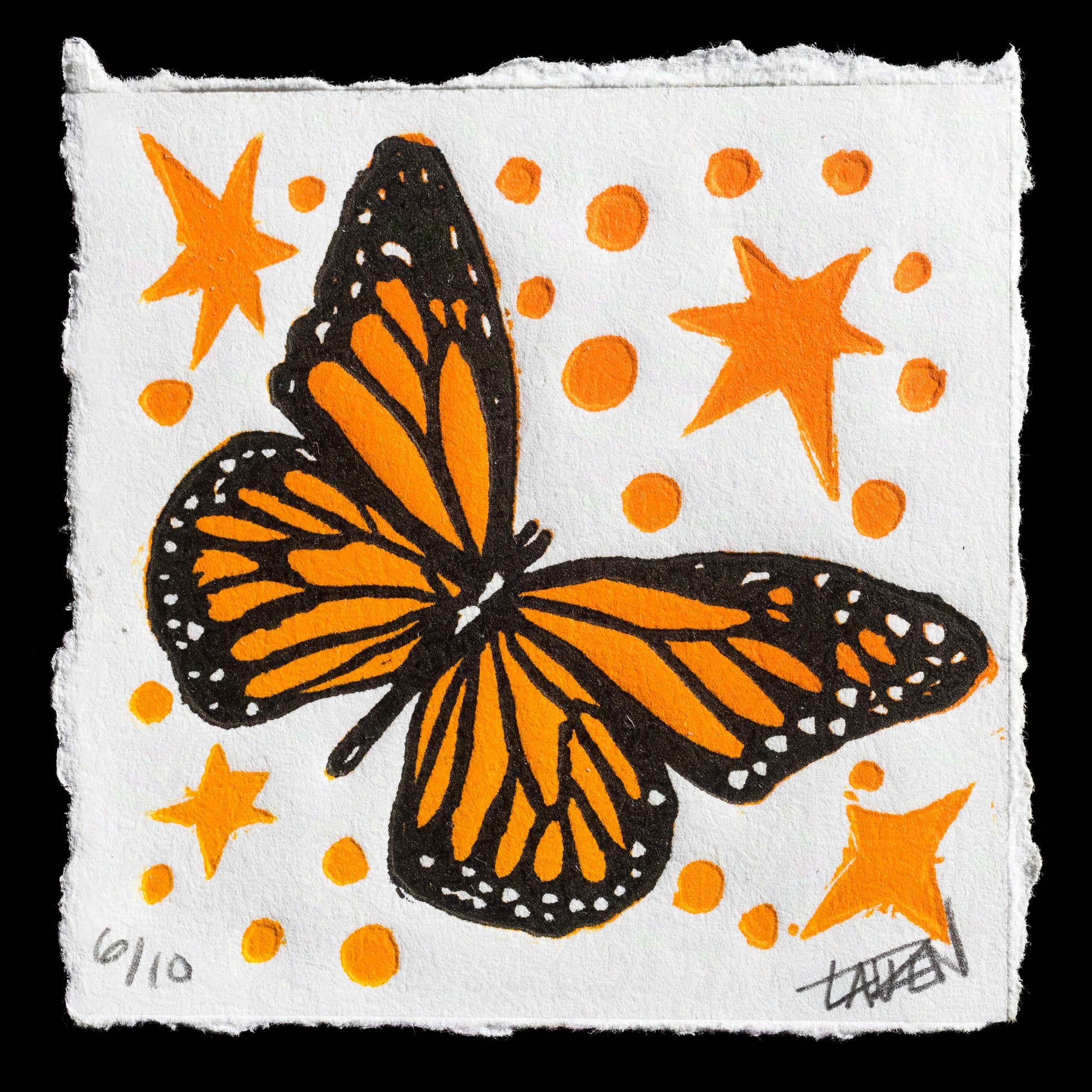 This linocut print features a butterfly set against an abstract background with stars and circles in orange, white, and black hues.