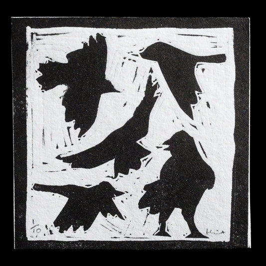 This linocut print by Harriet Cleal features four stylized crows set against a black background, with bold black silhouettes that evoke a sense of mystery and intrigue. The simple yet striking composition showcases Cleal's skill in using relief printing techniques to create visually appealing artworks.
