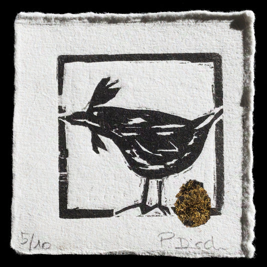 This captivating woodcut print, titled "The hen with the golden eggs" by Petra Disch, showcases a striking black silhouette of a hen against a white background. The artist's signature in gold foil adds a touch of elegance to the piece, creating a visually appealing contrast that draws the viewer's attention.