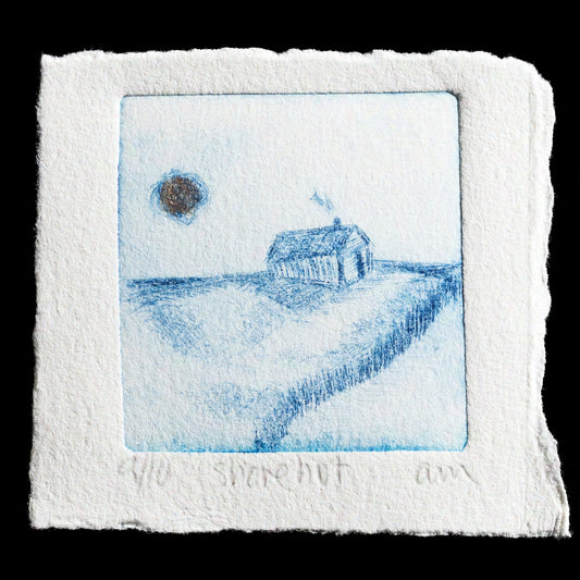 This captivating drypoint print, titled "Shore Hut" by Andy McKenzie, showcases a serene landscape featuring a small hut situated on a rocky coastline under a vast sky. The artist's use of blue ink creates a striking contrast against the white paper background, while subtle hints of brown and grey add depth to the scene.