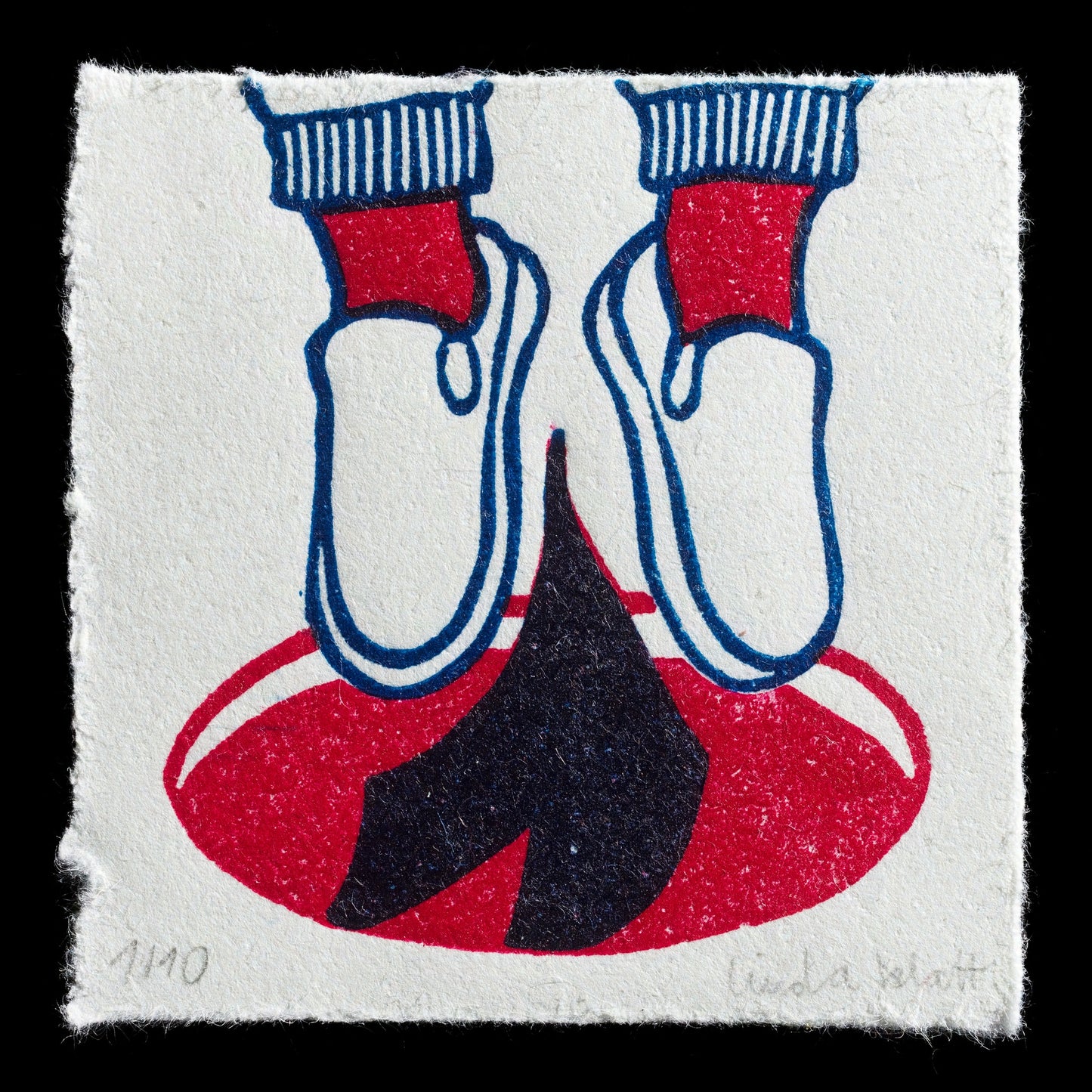 This linocut print titled "My heart sinks as I jump up" by Linda Klatt showcases a poignant scene of two socks suspended in mid-air, their heels pointing towards the viewer. The red and black hues dominate the composition, with blue accents adding subtle contrast. A striking black silhouette occupies the lower portion of the image.