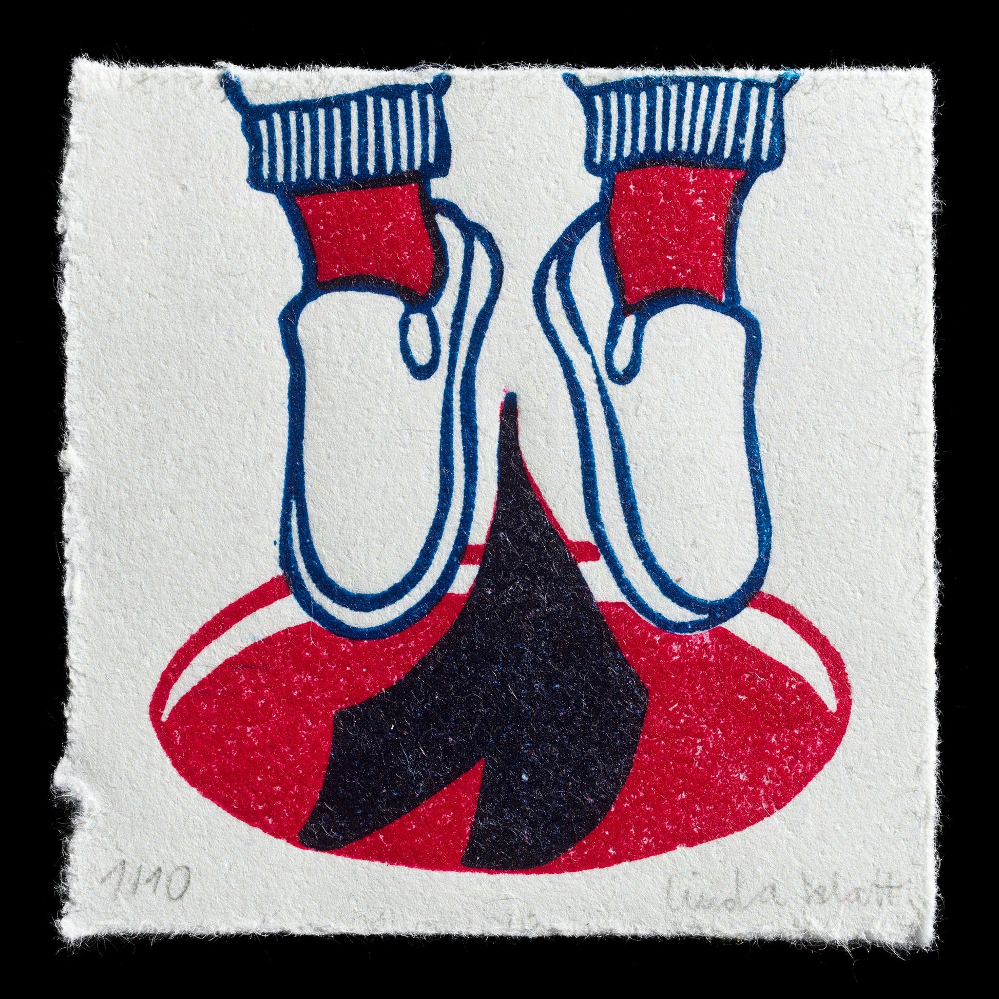 This linocut print titled "My heart sinks as I jump up" by Linda Klatt showcases a poignant scene of two socks suspended in mid-air, their heels pointing towards the viewer. The red and black hues dominate the composition, with blue accents adding subtle contrast. A striking black silhouette occupies the lower portion of the image.