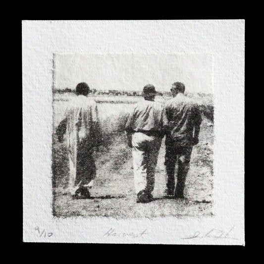 This monochromatic print, "Harvest" by Souleima Basha, employs traditional techniques of lithography and chine-coll� to capture a serene rural scene.