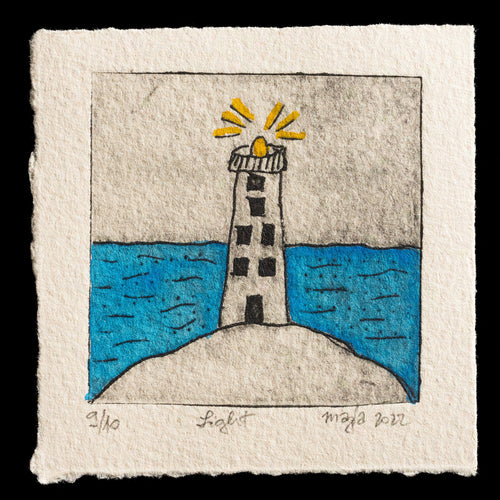 The print 'Light' by Maja Ljubi? is a captivating piece that showcases her unique artistic style. Created using TetraPak and watercolor techniques, this artwork features a striking lighthouse as its central motif. The dominant colors of the print are white and blue, which add to the overall sense of calmness and serenity evoked by the scene.