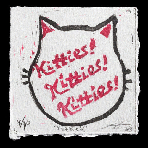 This linocut print, 'Kitties!', is a whimsical creation by Sam Fine. The black cat outline forms a square with feline features, while the four red words 