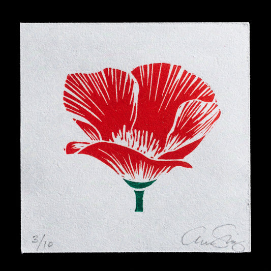This print, "Red Poppy" by Aren Straiger, showcases a vibrant red poppy set against a crisp white background. Created using relief printing techniques, the artwork features bold lines and striking color contrast that evoke a sense of energy and vitality. The artist's skillful use of negative space creates a dynamic composition that draws the viewer's eye to the central subject.