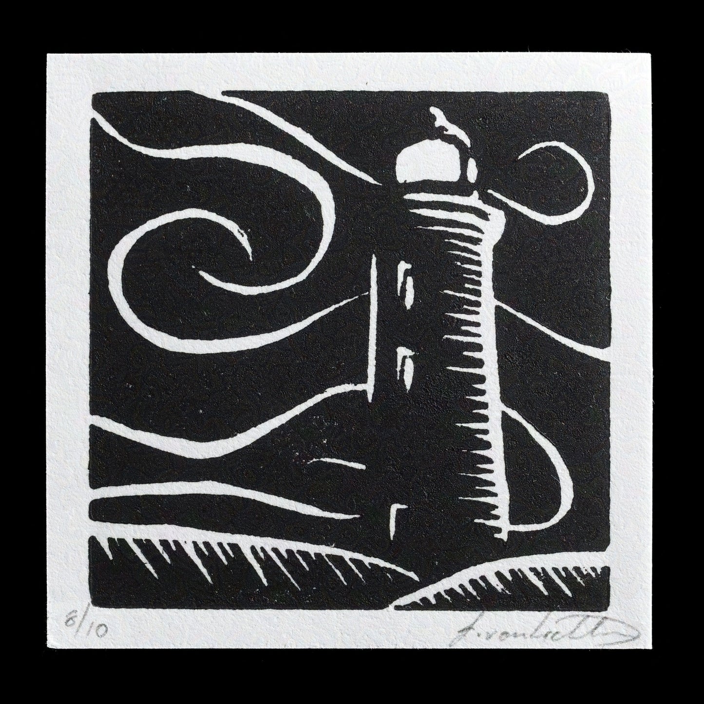 This linocut print, titled 'To the Lighthouse' by Isabella J. von Lichtan, features a striking black-and-white depiction of a lighthouse standing tall against a dark sky, evoking a sense of serenity and isolation in the face of nature's vastness.