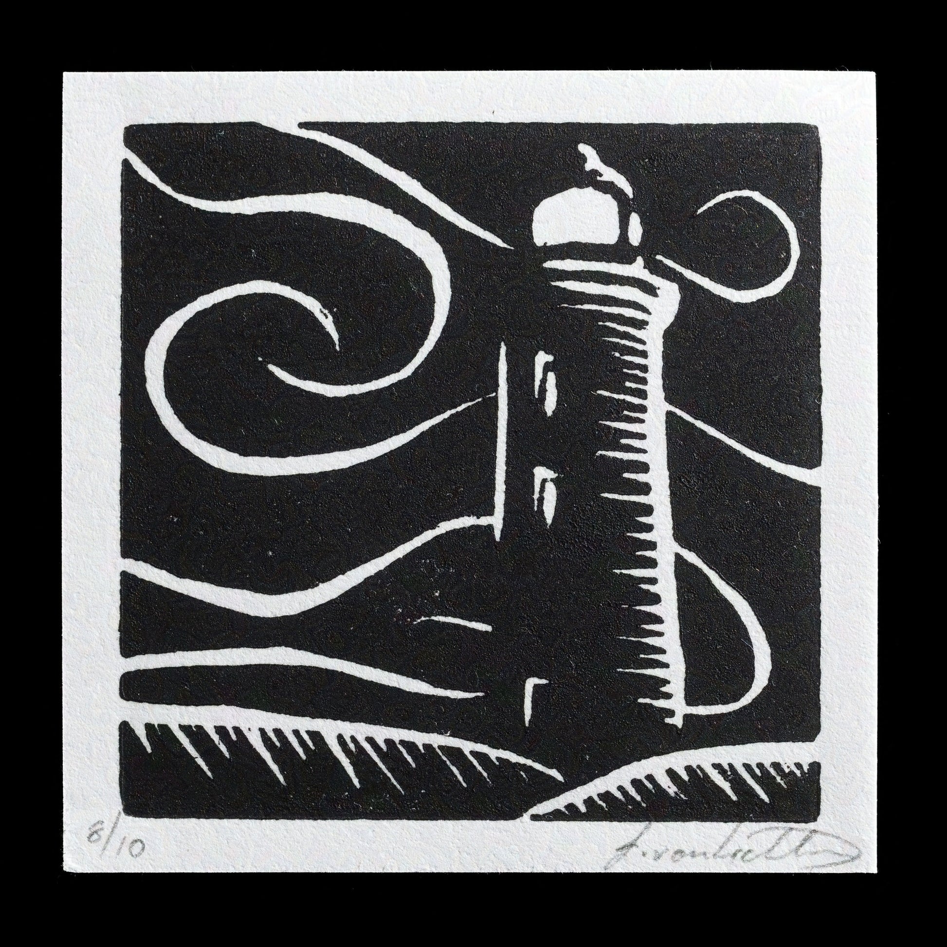 This linocut print, titled 'To the Lighthouse' by Isabella J. von Lichtan, features a striking black-and-white depiction of a lighthouse standing tall against a dark sky, evoking a sense of serenity and isolation in the face of nature's vastness.