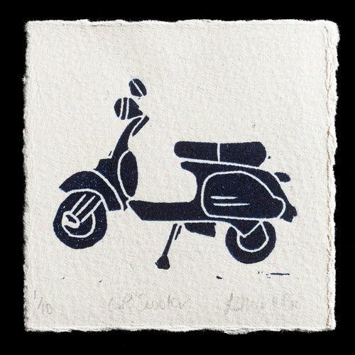 This striking linocut print, 'O.P. Scooter' by Esther Weir, showcases a bold black scooter against a white background, with the artist's signature discreetly placed at the bottom. The print's edges feature a subtle torn paper effect, adding to its unique aesthetic.