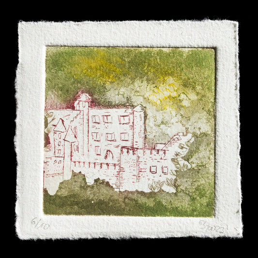 Here is a short SEO description of the print:

"Eifelburg" by Sven Buchert is an etching created using aquatint techniques, featuring a striking green background with subtle yellow highlights and red lines that outline a detailed castle structure.