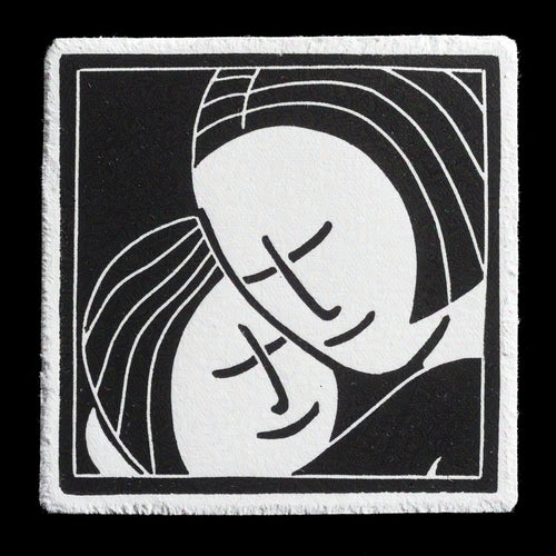 This linocut print by Alexandra Owen, titled 'Hug,' presents a tender moment between two individuals embracing each other closely. The simple yet effective composition is characterized by bold black lines that define their features against a solid white background, creating a striking visual contrast. The image conveys warmth and affection through its intimate portrayal of human connection.