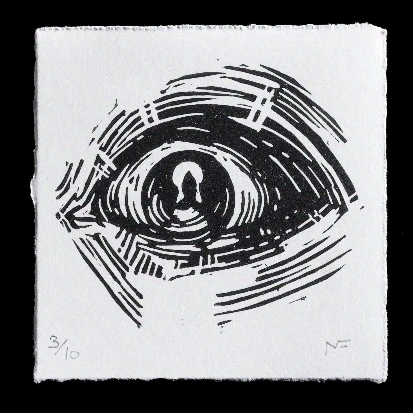 The image depicts a linocut print titled 'Melusina' by artist Mandy Finke. The black-and-white artwork features an eye with bold lines, showcasing the artist's use of linocut techniques to create intricate details and textures.