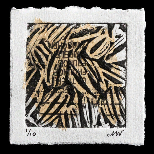 This print, titled "Harvest" by Michelle Weiner, employs collagraphy with chine-coll� techniques to create a striking composition featuring abstracted grain stalks in shades of black and tan against a white background.