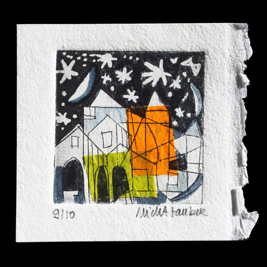 This artwork, titled "sais-tu combien d�toiles...", is a captivating creation by Micha Tauber, showcasing a unique blend of techniques: etching, watercolor, and chine-coll�. The print features a harmonious palette with dominant hues of black, orange, yellow-green, and white, set against a subtle grey background. The artwork's intricate details and color combinations evoke a sense of depth and complexity.