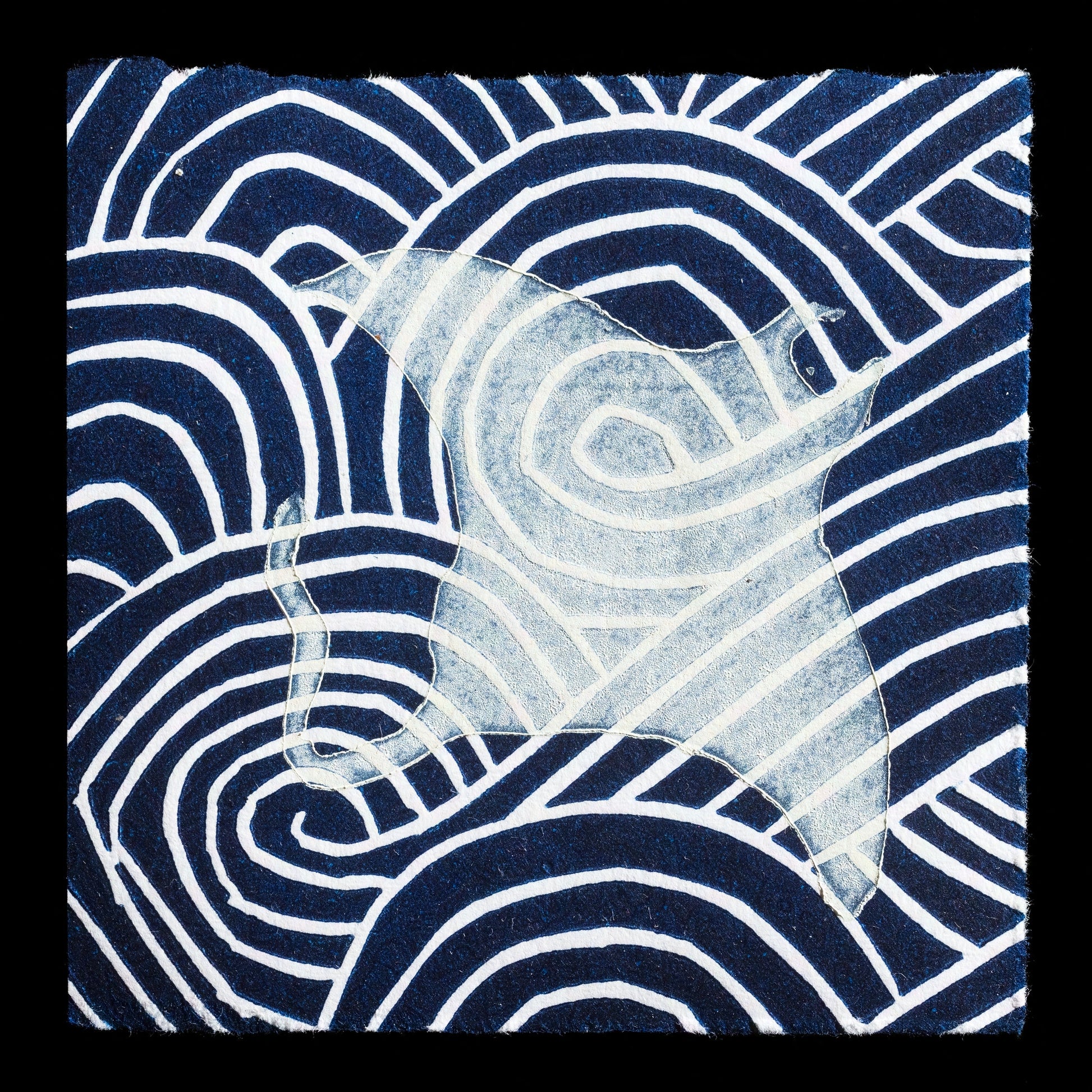 This captivating linocut print, titled 'Ghost Manta' by Lee Fearnside, showcases a stylized manta ray in shades of blue, with bold white lines accentuating its features against a dark background. The artist's use of relief printing techniques creates a striking visual effect, inviting the viewer to appreciate the intricate details and patterns that define this underwater creature.