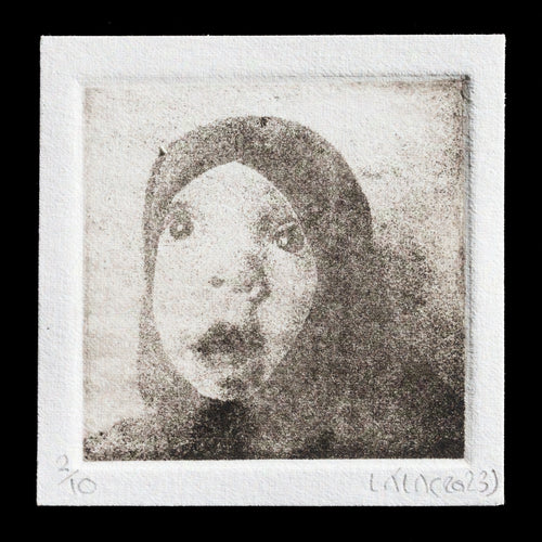 This etching/photopolymer print, 'Inner Child' by Lala Zarei, presents a child's face in a muted color palette of browns and grays. The facial expression conveys serenity and introspection.