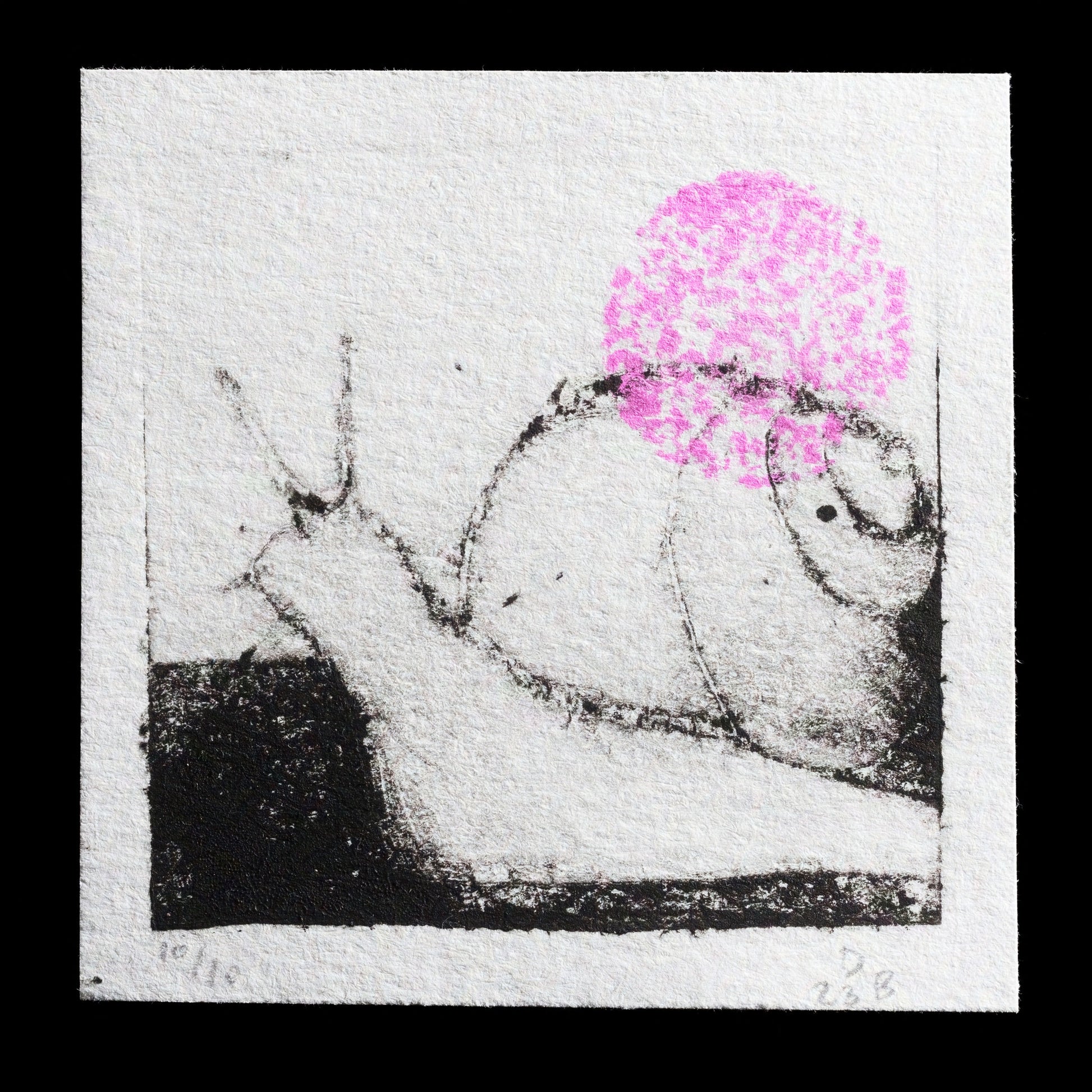 This print titled "I love snails" by Dana Bjorum showcases a whimsical depiction of a snail, characterized by its vibrant pink shell and black body, set against a crisp white background. The artwork's unique blend of TetraPak techniques adds an intriguing texture to the piece.