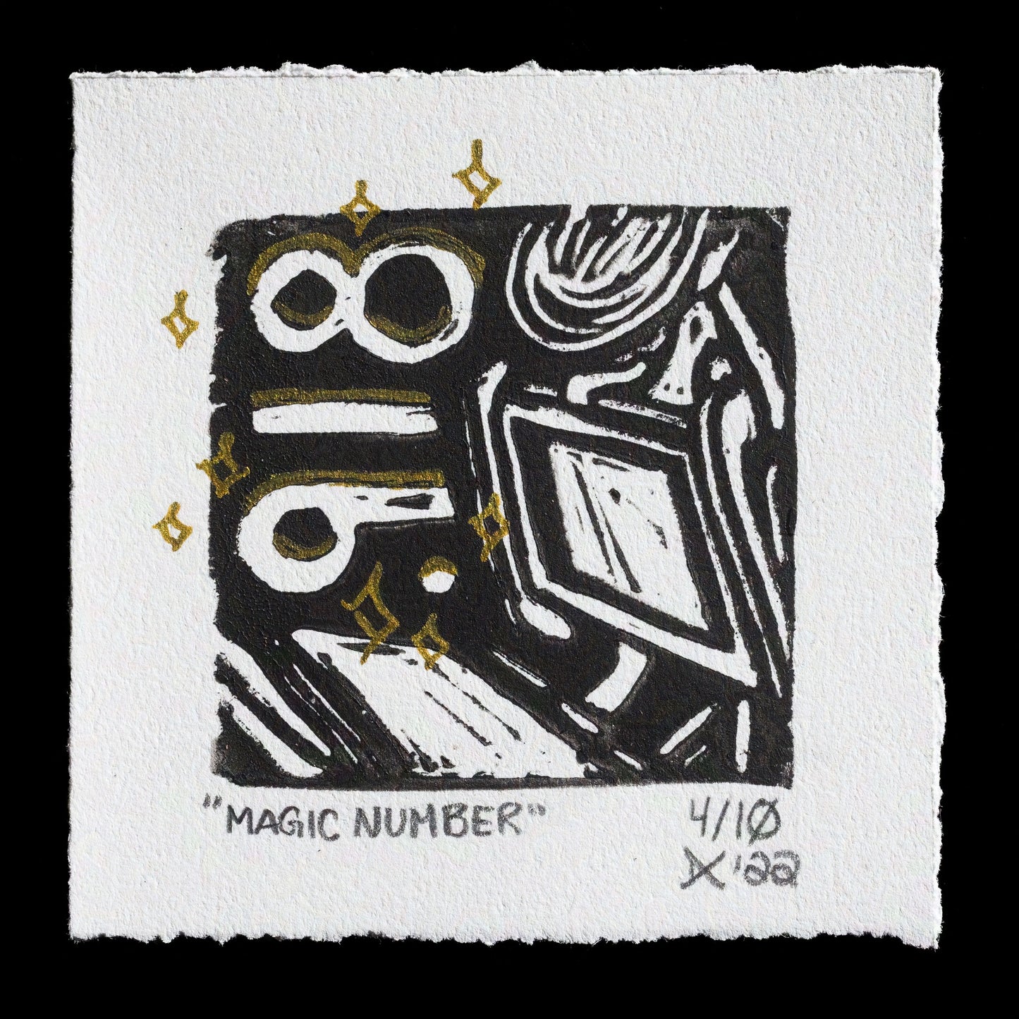 This captivating print, titled "Magic Number", is a mixed-media creation by artist Dana Campbell. Executed using the linocut technique, it showcases an intricate arrangement of shapes and numbers in bold black lines against a crisp white background. The artwork's composition is further enhanced by subtle gold accents, adding a touch of elegance to its overall aesthetic.
