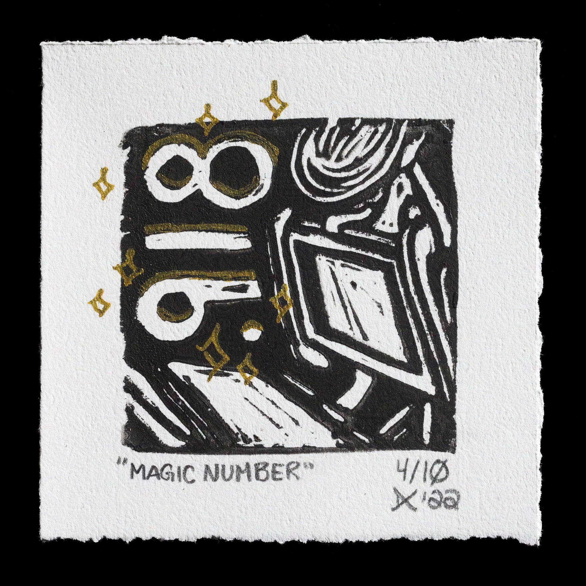 This captivating print, titled "Magic Number", is a mixed-media creation by artist Dana Campbell. Executed using the linocut technique, it showcases an intricate arrangement of shapes and numbers in bold black lines against a crisp white background. The artwork's composition is further enhanced by subtle gold accents, adding a touch of elegance to its overall aesthetic.