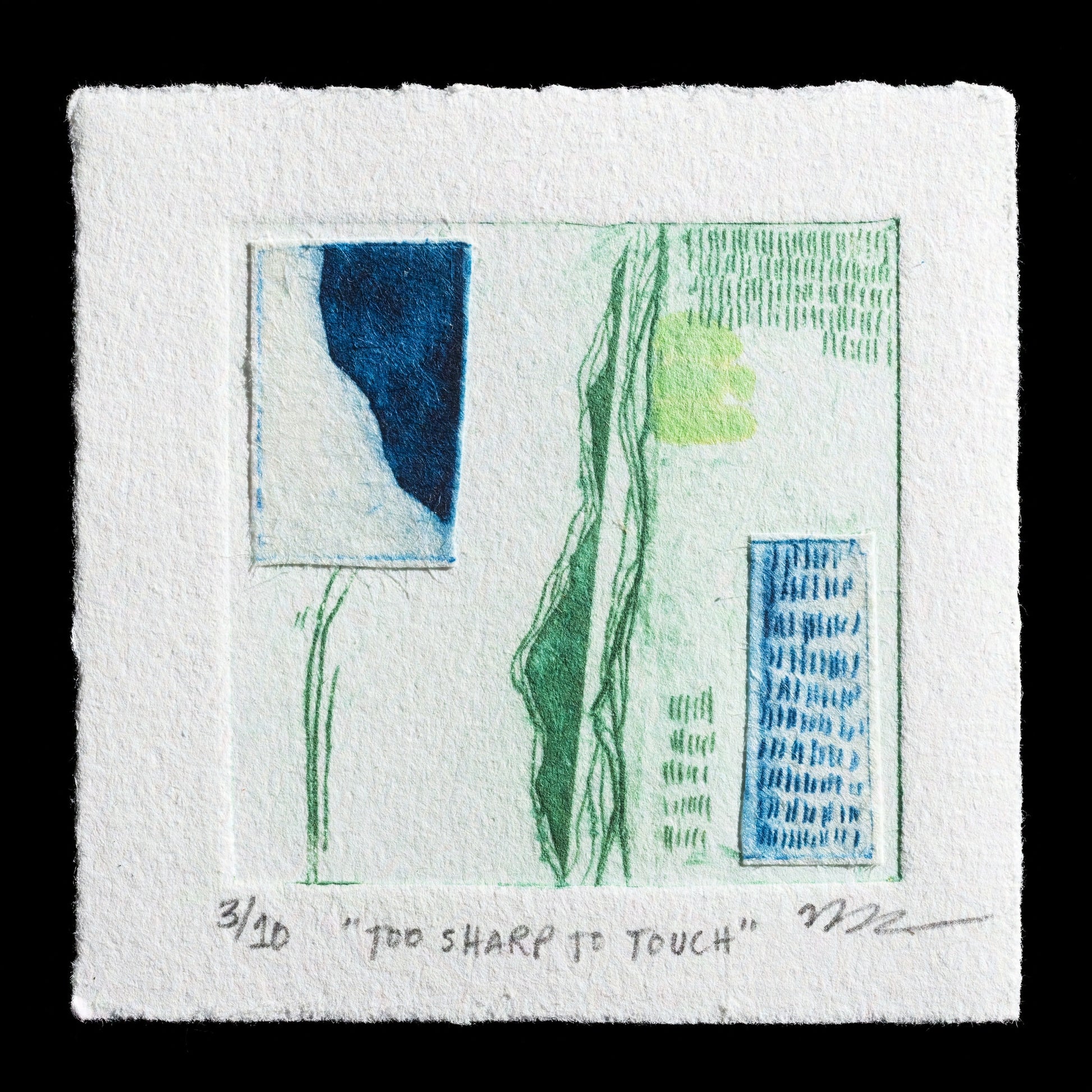 This etching by RANDI N RICHARDS showcases a unique blend of techniques, including drypoint, collagraph, mixed media, TetraPak, and chine-coll�. The print features a striking color palette with various shades of blue, green, and yellow on white paper, creating an intriguing composition that invites closer examination.