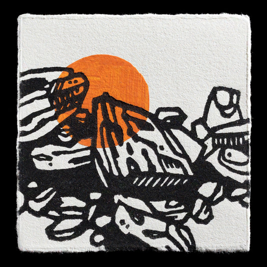 This linocut print, "Shelly Beach" by Kim de Haan, features a serene beach scene with shells scattered along the shore, set against a warm orange sun in the sky. The monochromatic color scheme is punctuated by the vibrant orange hue of the sun, creating a striking visual contrast.