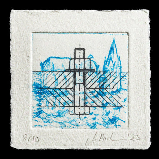 This etching print, "Screwed", is a captivating piece by Maria Padligur, showcasing her expertise in drypoint technique. The artwork features a striking blue sketch of a screw, set against a clean white background, evoking a sense of simplicity and elegance. The artist's use of contrasting colors creates a visually appealing contrast that draws the viewer's attention to the central subject.