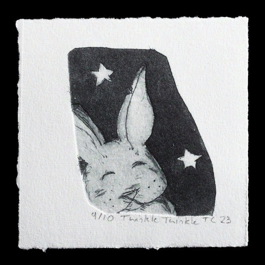 The artwork "Twinkle Twinkle" by Tessa Chudy is a captivating piece that showcases her unique approach to art. Created using TetraPak techniques, this print features a rabbit sleeping peacefully amidst twinkling stars. The monochromatic color scheme effectively conveys the serene atmosphere of the scene, inviting viewers to appreciate the beauty in simplicity.