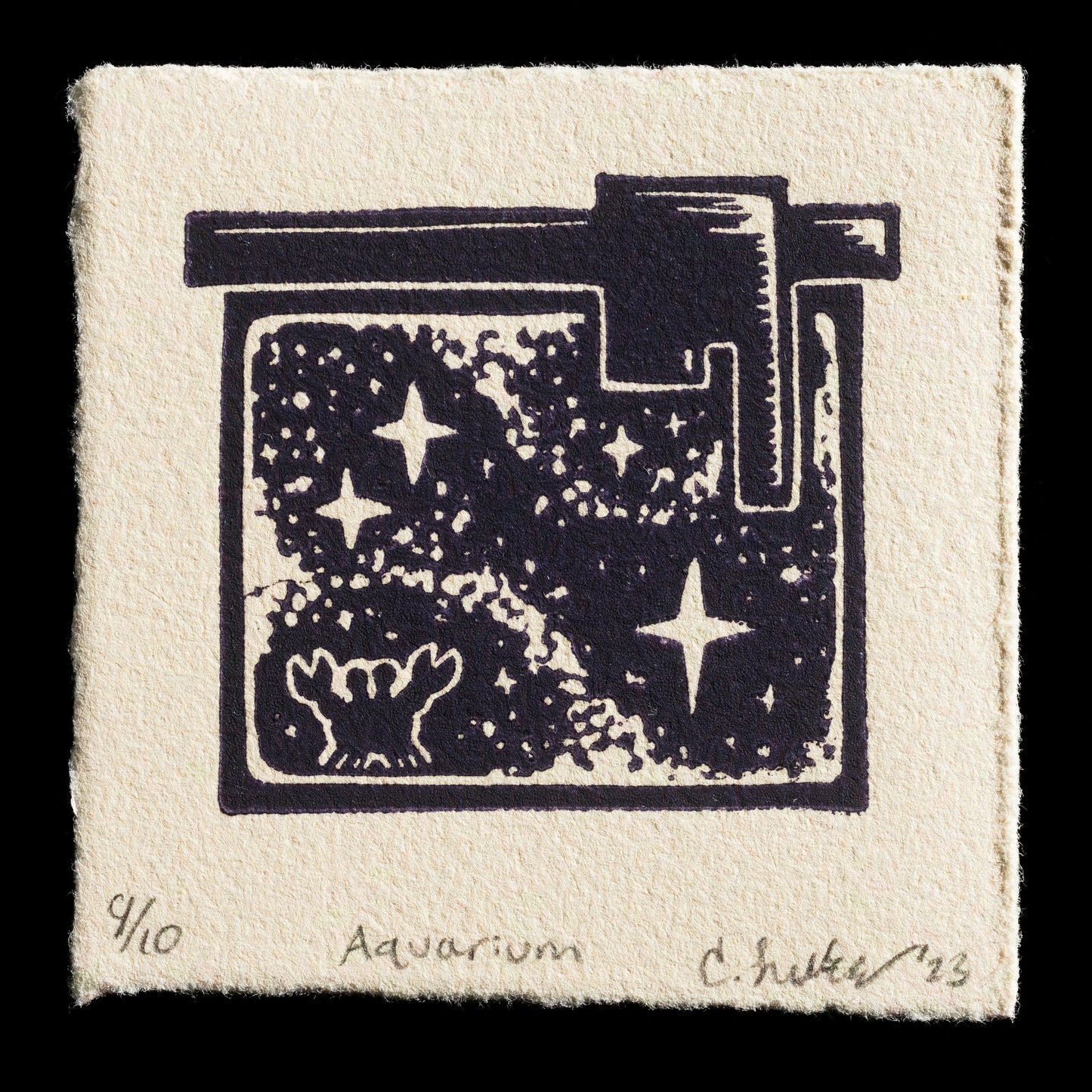 This linocut print, titled 'Aquarium' by Christina Lukaszczyk, features a rectangular aquarium with a dark-colored interior and a lighter-colored exterior, adorned with white stars and coral. The print showcases a relief print technique using linocut methods.