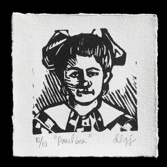 This linocut print, "Paulina" by Dana Gervais Johnson, features a portrait of a young girl with dark hair styled in bows and a collared shirt. The monochromatic palette consists of black ink on white paper, showcasing the artist's skillful use of negative space.