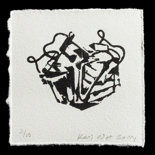 This black-and-white linocut print features an abstract design with a central figure wearing a mask, rendered in bold lines and minimal shading. The work is signed "Kari Not Sorry" at the bottom.