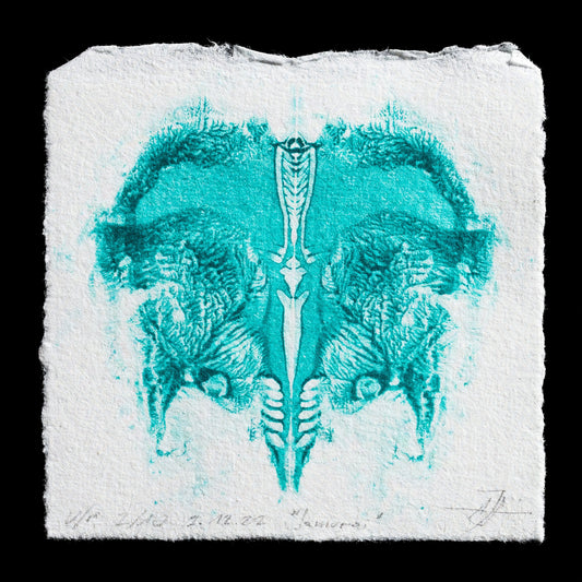 The print "Samurai" by Andreas Joska-Sutanto is a captivating piece that showcases the artist's unique approach to monotype techniques. Created using the monotype method, this artwork features a bold, abstract design with shades of blue and green hues, evoking a sense of mystery and intrigue. The visible content on this print invites viewers to explore its depths and meanings.