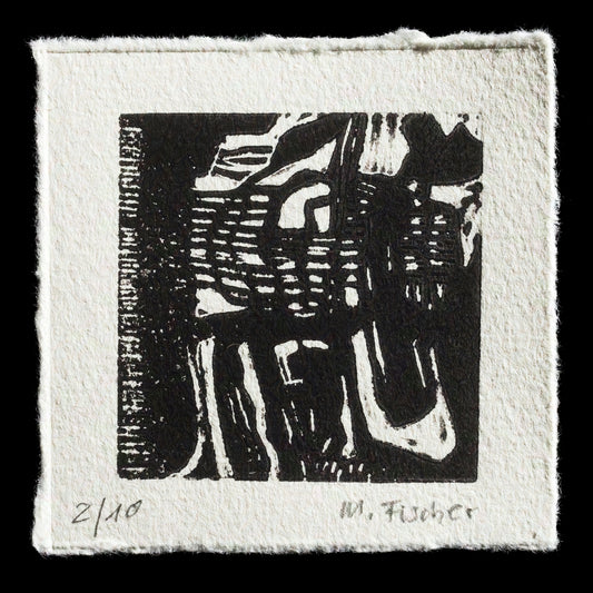 This print, titled "Linear Invocations" by Martin Fischer, showcases a unique blend of linearity and invitational design using the linocut technique. The monochromatic color palette features a striking black background, providing a clean canvas for the intricate white lines that weave across the surface, creating an engaging visual experience.