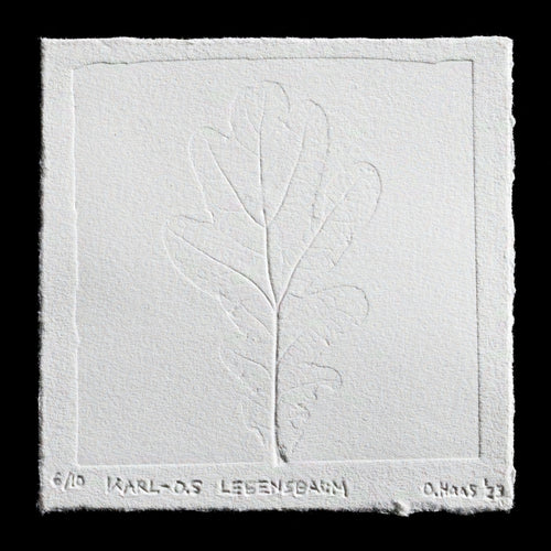 The image features a white paper print with a raised leaf design in the center, showcasing the technique of blind embossing. The print's title, 