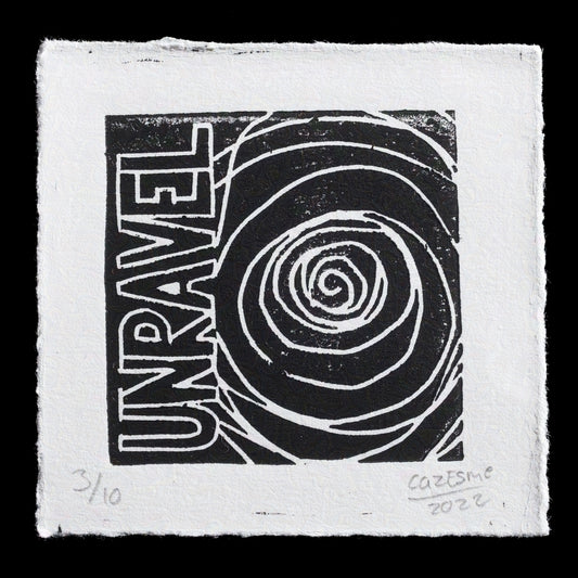 The print "Unravel" by Carys Esme Kilduff showcases a striking design featuring a spiral motif within a square frame. Created using relief printing techniques with linocut methods, this artwork presents a simple yet impactful visual statement. The monochromatic color palette features black and white tones that add to the overall sense of depth and intrigue.